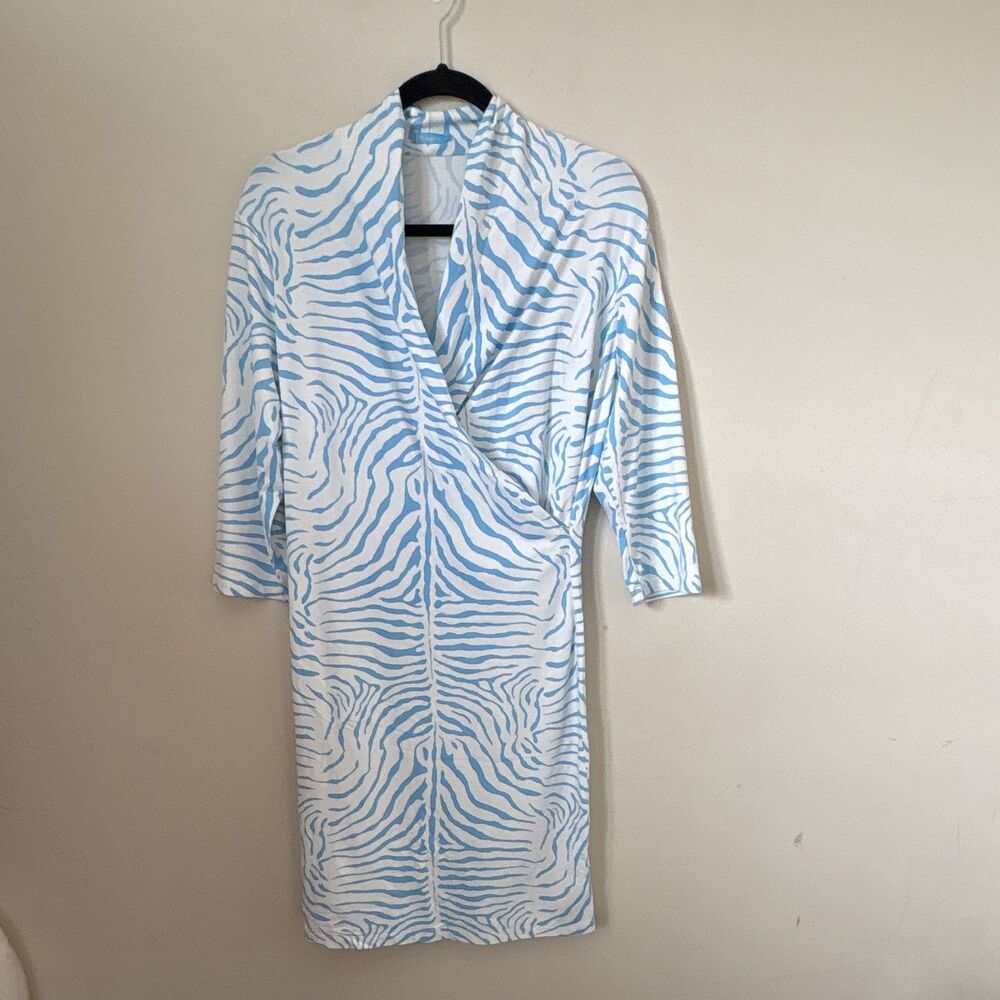 J. McLaughlin Women Blue White Zebra Wrap Dress L 3/4 Sleeve Knee Stretch